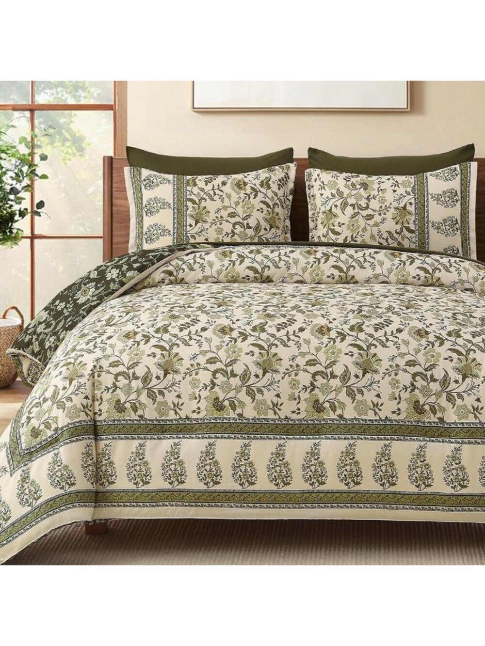 Reversible King Size Comforter Set, Boho Olive Green Paisley Floral Bedding